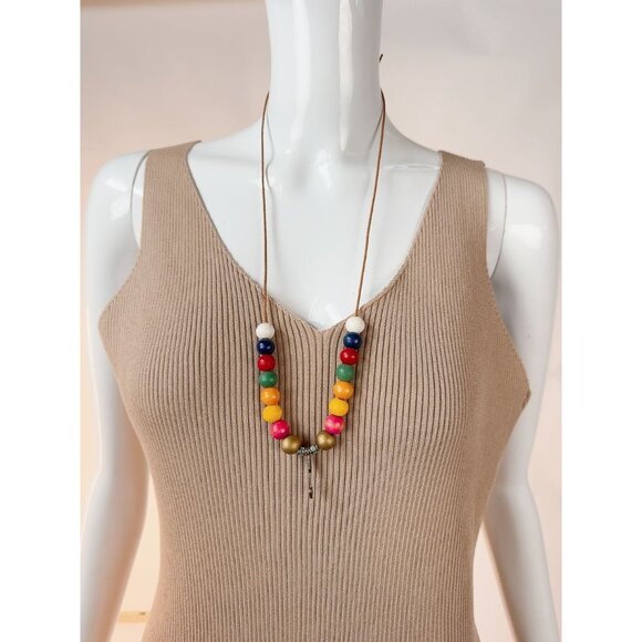 Colorful Wooden Bead Necklace With Brass Accents & Arrow Pendant On Leather Cord - Picture 8 of 16